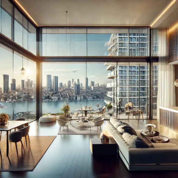 DALL·E 2024 10 25 22.43.53 A professional real estate promotional image for luxury apartments for sale in Besiktas Istanbul. The design features a modern high rise building wit